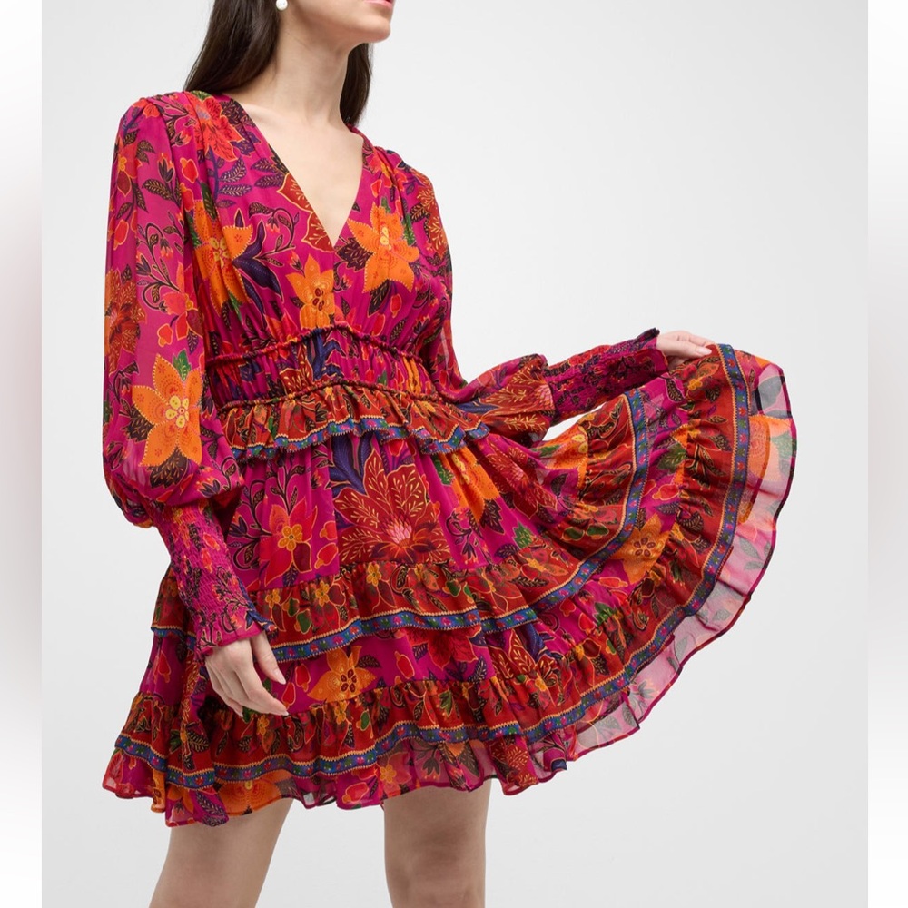 Farm Rio tropical tapestry tiered puff sleeve mini dress